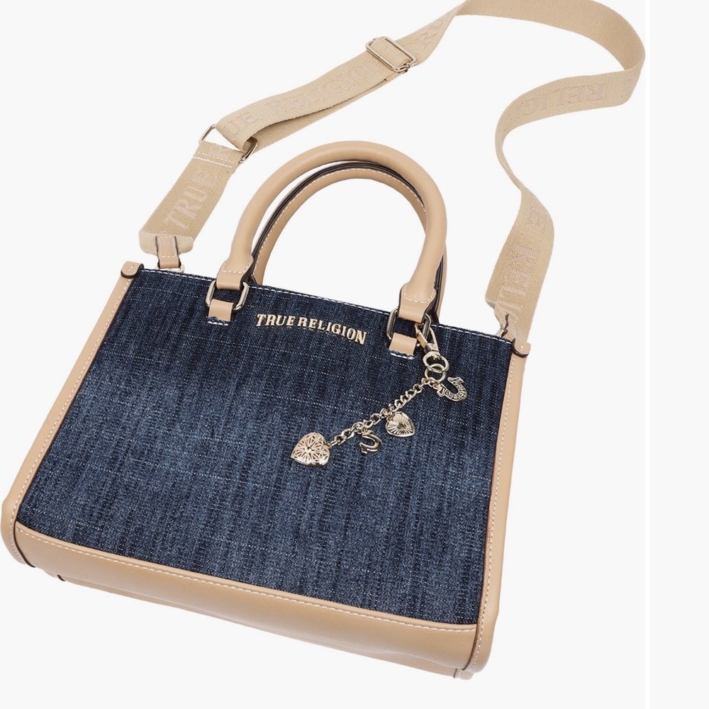 True Religion Denim Tote with Tan Trim and Strap - Picture 4 of 11